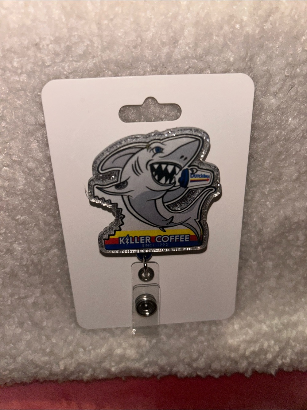 Killer Coffee Shark Badge Reel - White and Silver